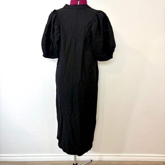 Ann Taylor Black Linen Midi Dress Puff Sleeves V Neck Medium M - Picture 3 of 13